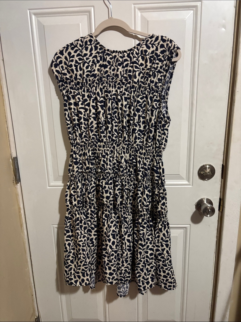 Time and Tru Navy and Cream Printed Smocked Casual Dress